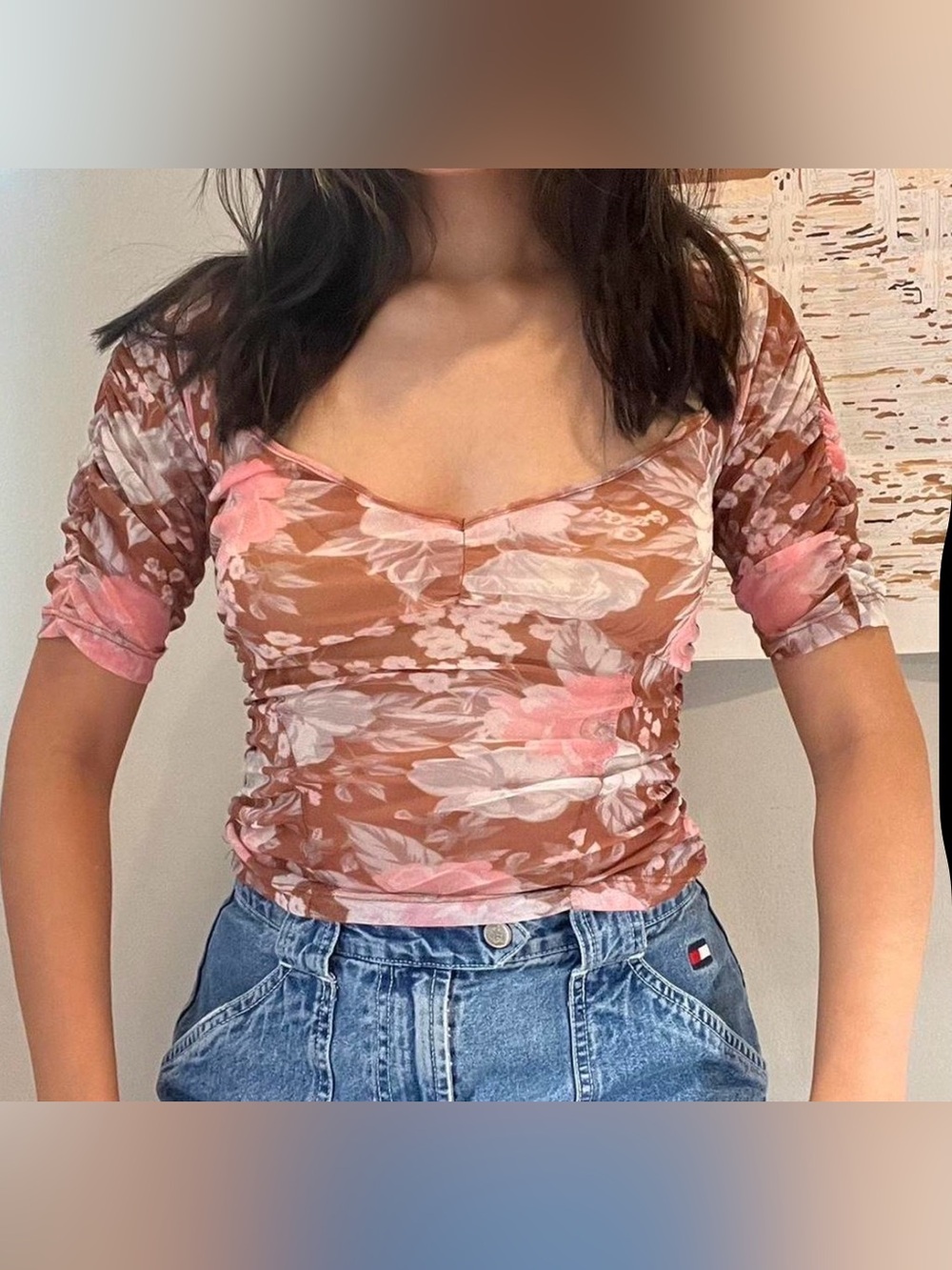Urban Outfitters Pink & Brown Floral Ruched Crop Top